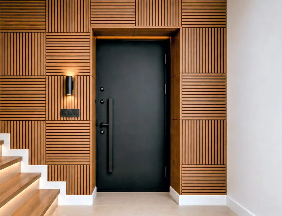 The finished hallway, the slatted wall carried around a black door beside a wall light and the stair.