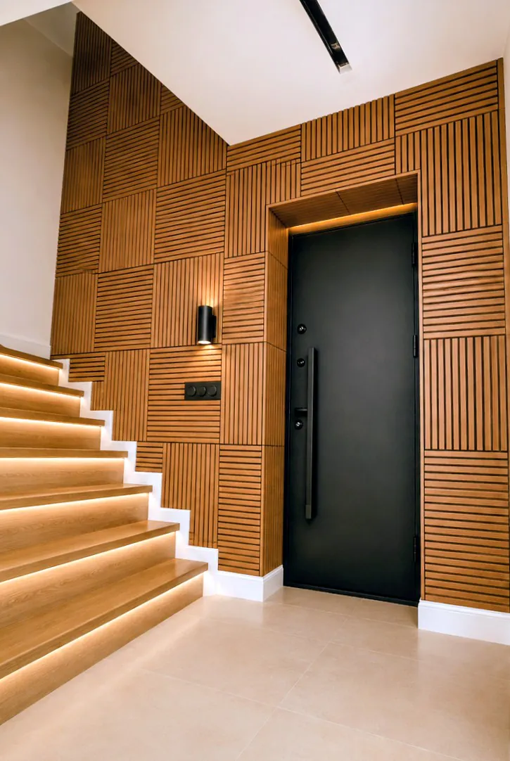 The same hallway from the other side, the slats running on past the stair with the wall light washing them.