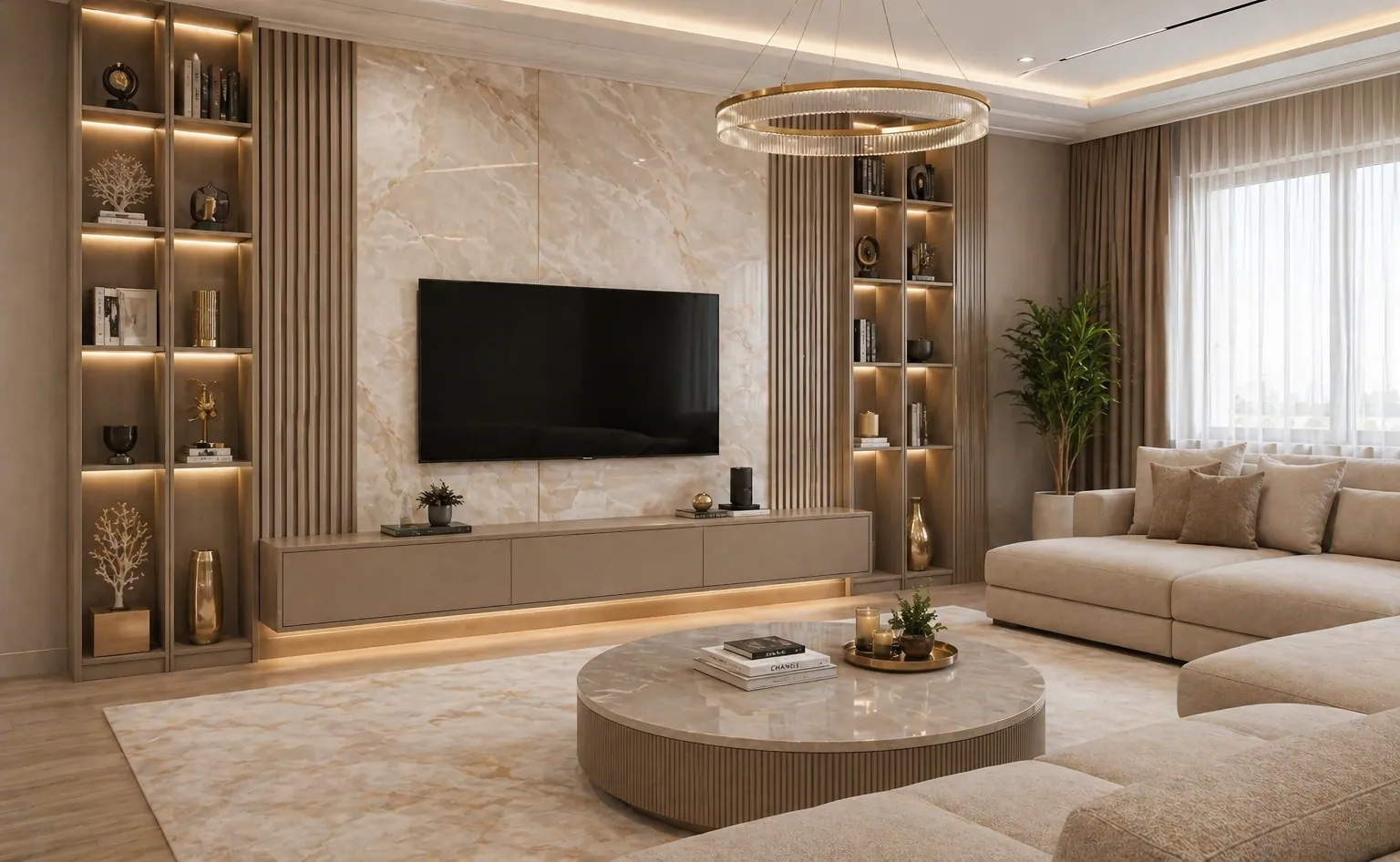 A living room with a ribbed feature wall, lit display recesses and a round stone table.