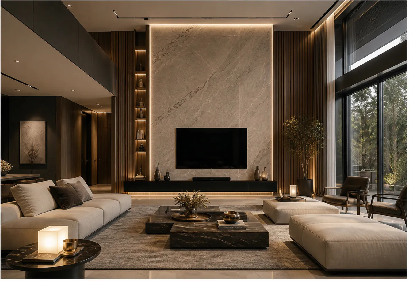A double-height living room with a full-height stone media wall between panels of ribbed wood, lit from behind.