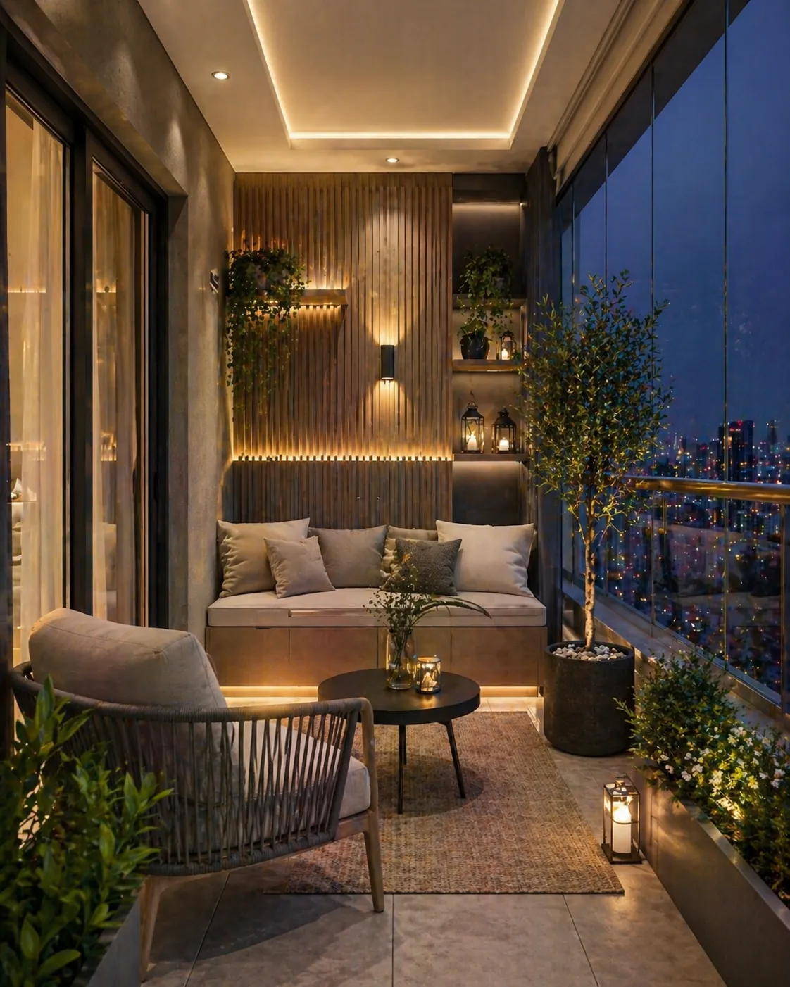 A terrace at night with built-in seating, planting and the city lights beyond the glass.