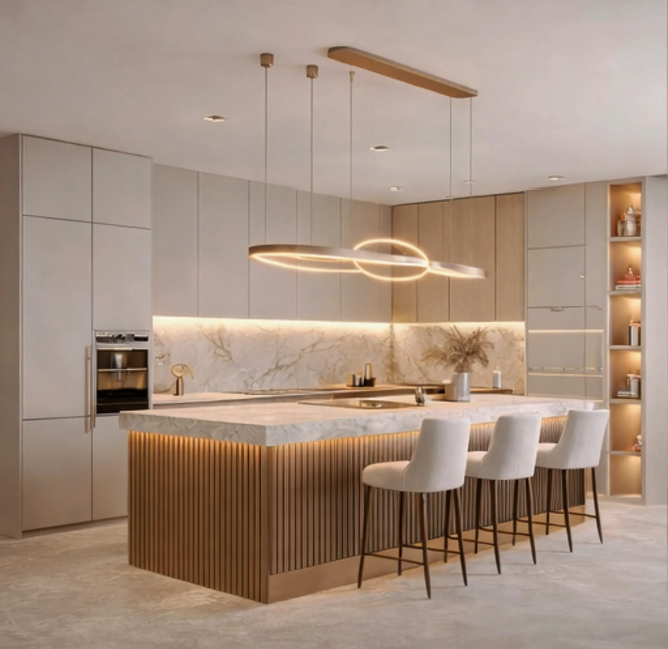 A cream kitchen with a ribbed island front, a marble splashback and a ring-shaped pendant light.