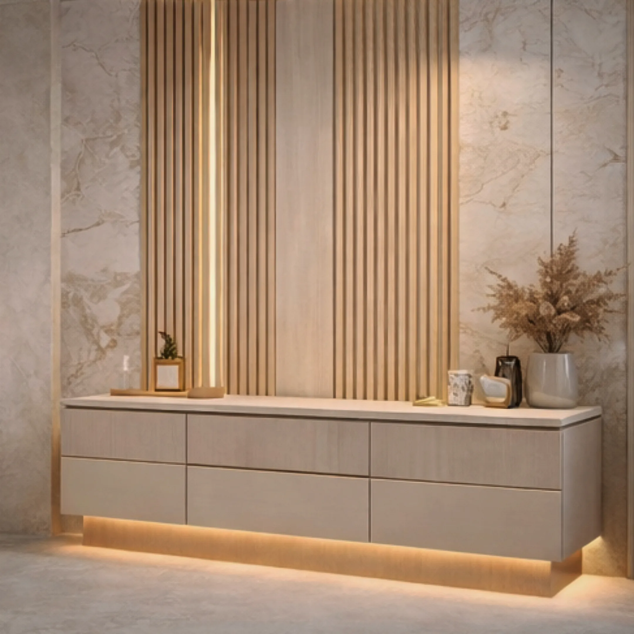 A low sideboard in warm ivory against ribbed panelling and pale marble.