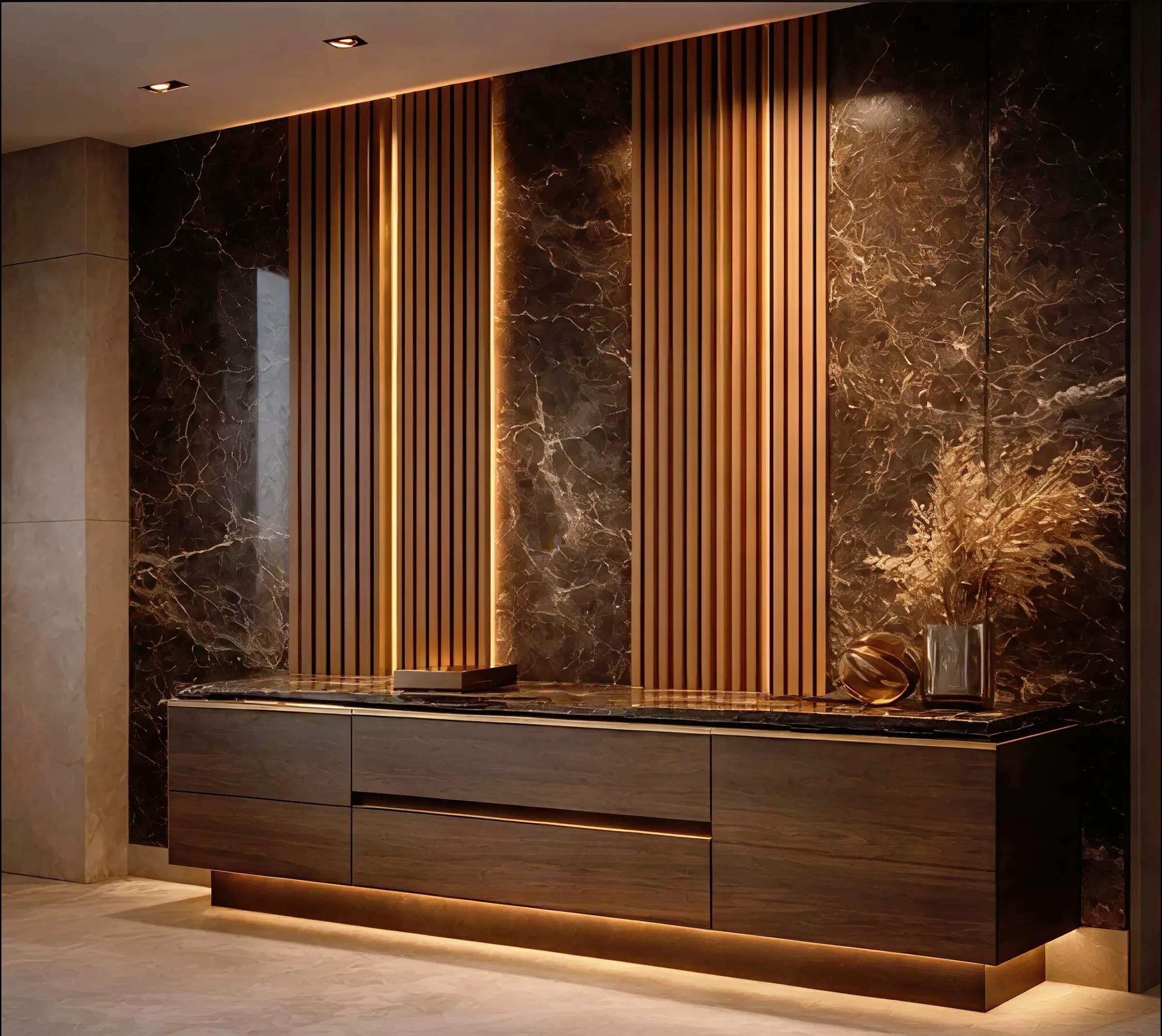 A low unit beneath a wall of vertical wooden slats, dark stone behind and hidden light along the base.
