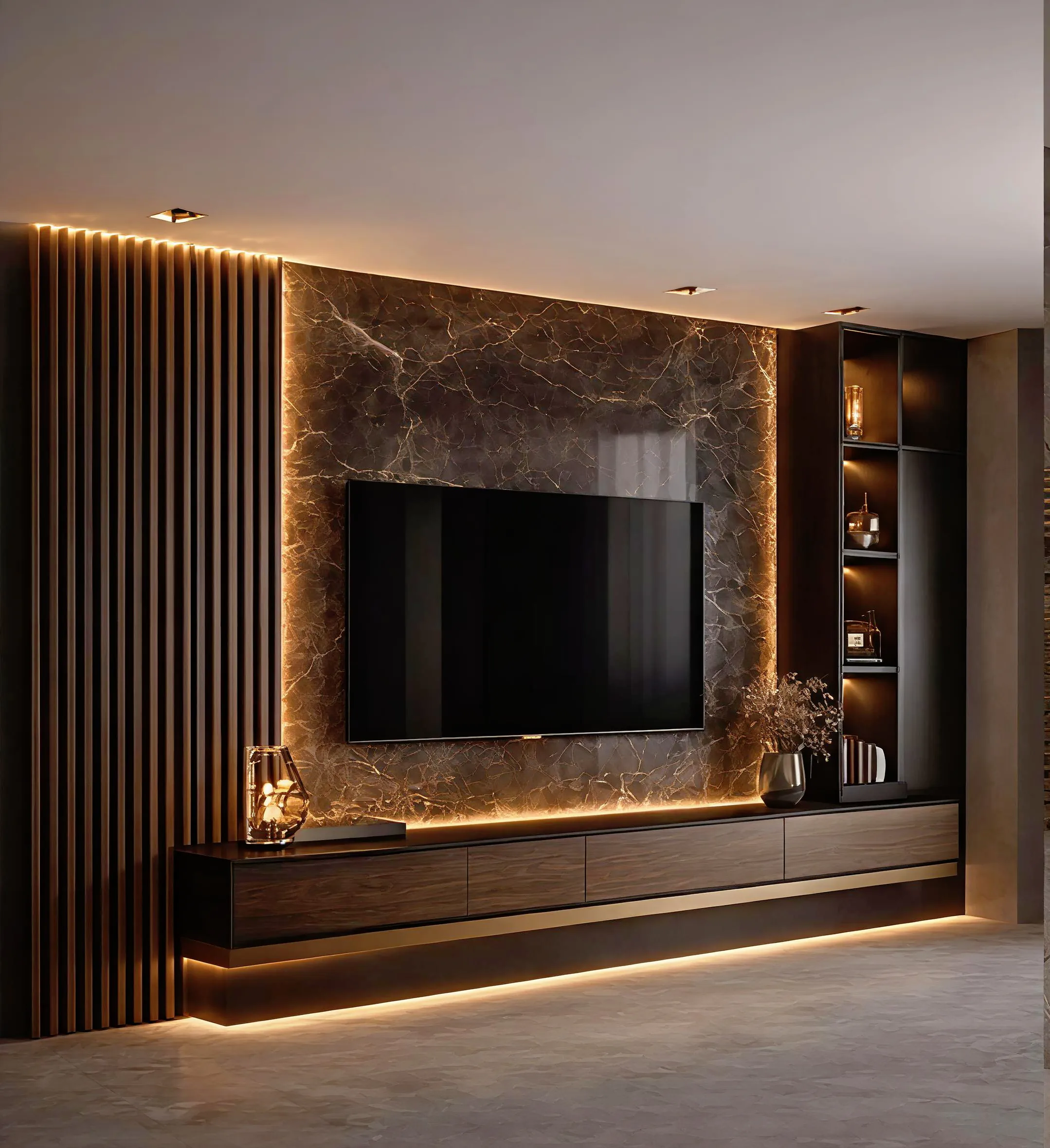 A media wall in dark veined stone between panels of ribbed wood, with a low unit lit from below.