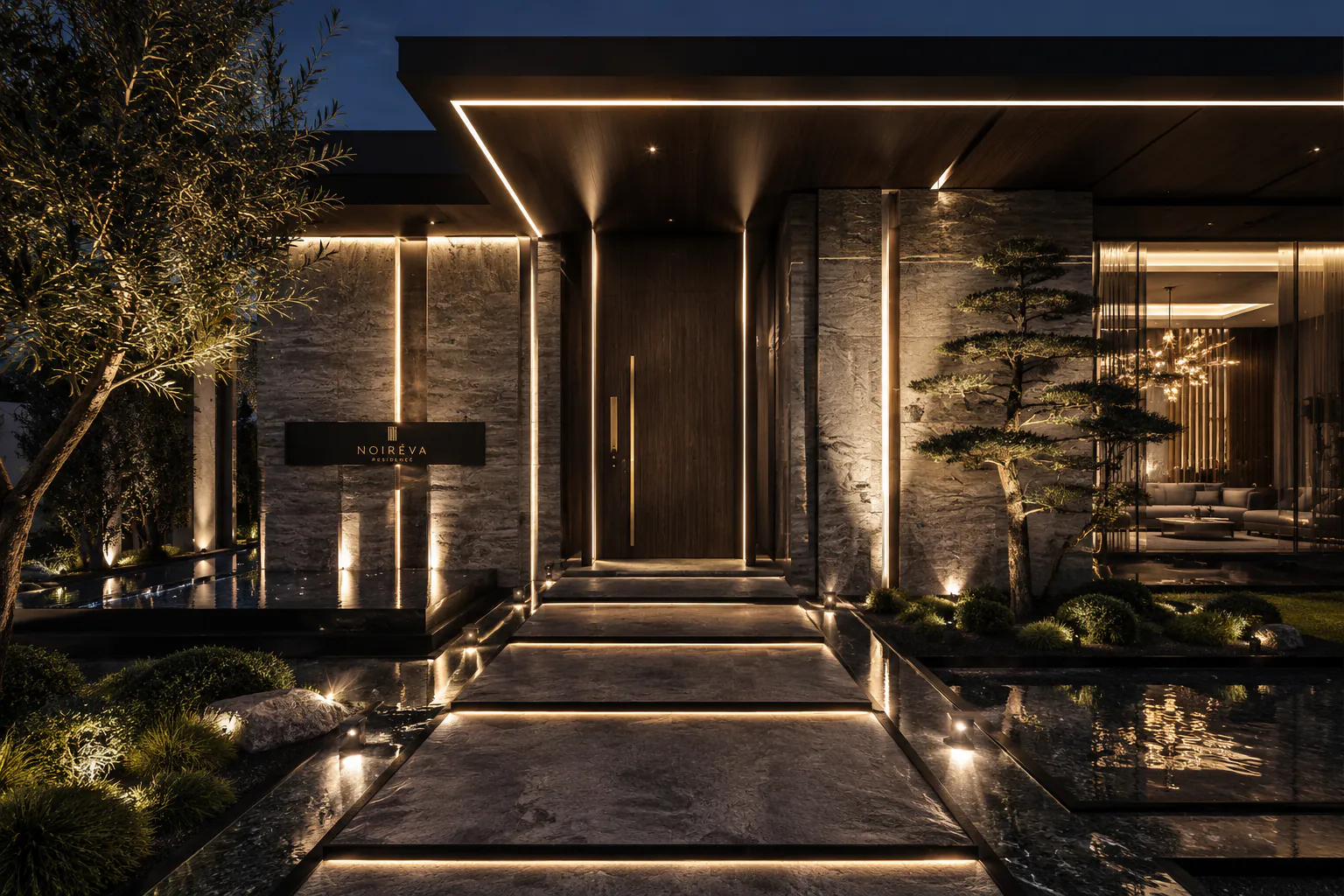 A villa entrance at dusk, hidden light grazing the stone walls, with a tall wooden door and still water beside it.